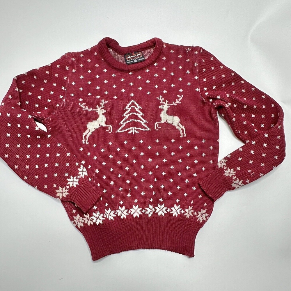 Vintage Demetre Size M XS? Pure Virgin Wool Sweater Reindeer Snowflakes Maroon‎